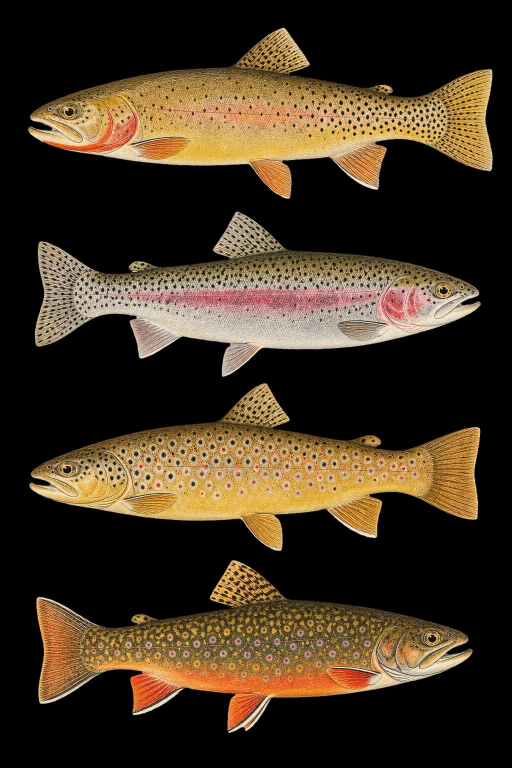 Vintage illustrations of cutthroat, rainbow, brown, and brook trout